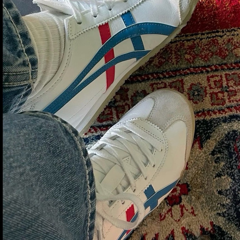 Onitsuka Tiger by Asics White Sneakers with Blue and Red Stripes